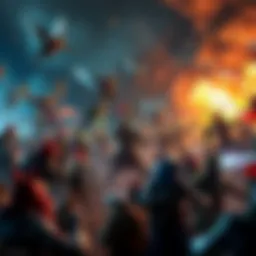 A vibrant landscape of Axie characters engaged in battle