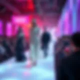 Virtual runway showcasing digital garments in a vibrant metaverse setting
