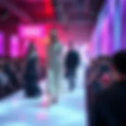 Virtual runway showcasing digital garments in a vibrant metaverse setting