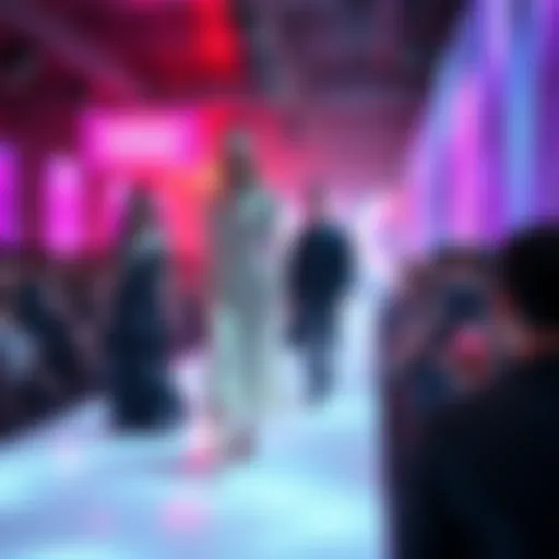 Virtual runway showcasing digital garments in a vibrant metaverse setting