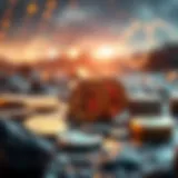 Diverse Cryptocurrencies in a Digital Landscape A digital landscape with various cryptocurrencies represented as shining coins