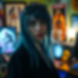 Grimes in her studio, surrounded by digital art