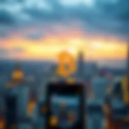 Visual representation of cryptocurrency symbols overlaying a city skyline