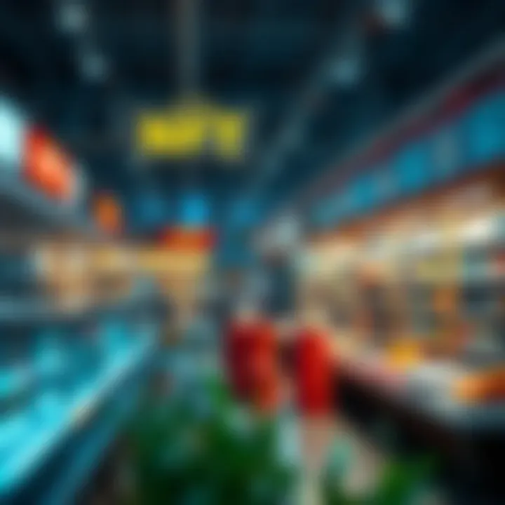 Visualization of a virtual marketplace showcasing NFT listings