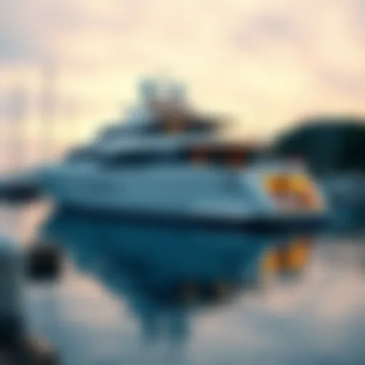 A luxurious yacht moored at a marina with a digital currency logo overlay