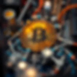 Visual representation of the Bitcoin mining process with blockchain illustration